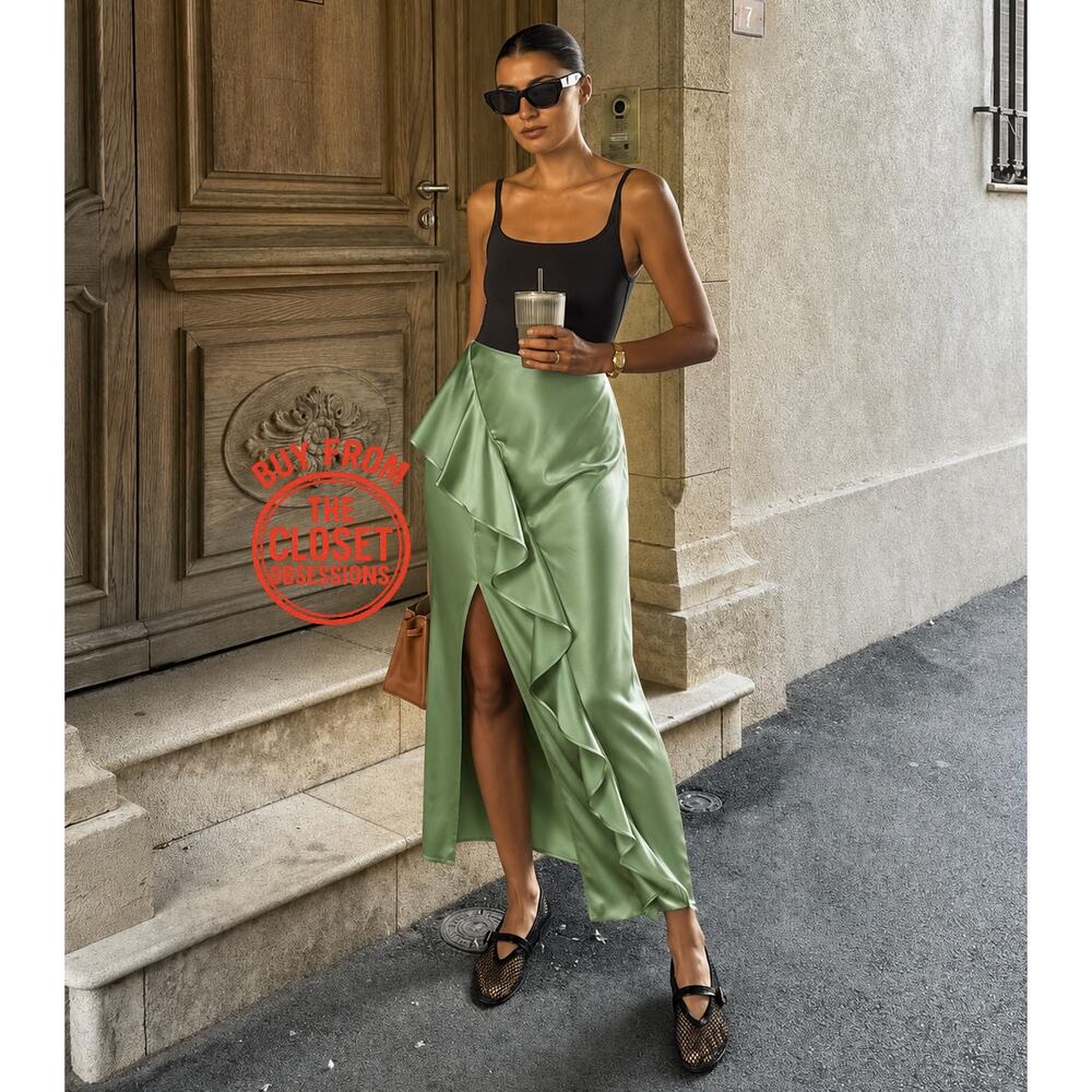 Zara NWT Mint Green Satin Ruffle Front Slit High Waist Midi Skirt M - Picture 6 of 16
